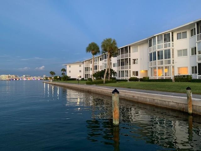 Unit #G5 at Sarasota Harbor East (SHE) with lights on at sunset.