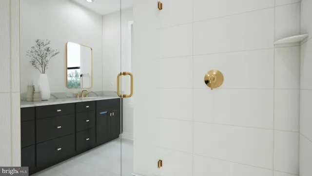 a bathroom with a granite countertop sink a mirror and shower