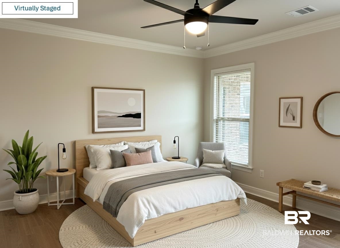 873 Sumter Loop Foley, AL 36535 - Photo 17 of 26 Bedroom featuring crown molding, wood finished floors, and a ceiling fan