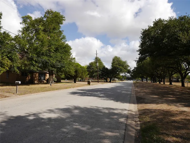 a view of a yard with large trees