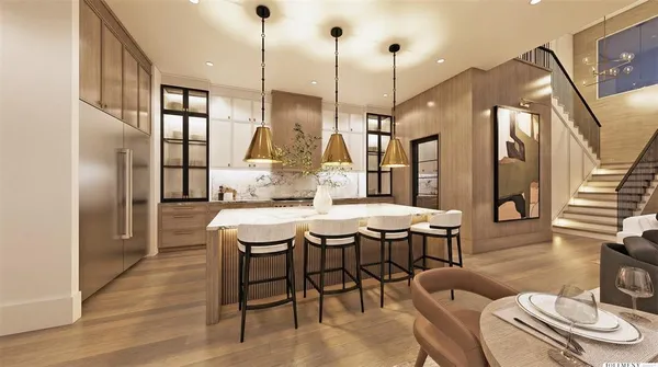 a dining room with furniture a chandelier and wooden floor
