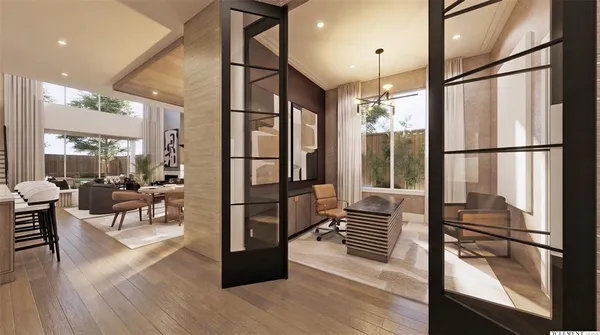 a hallway with wooden floor and furniture