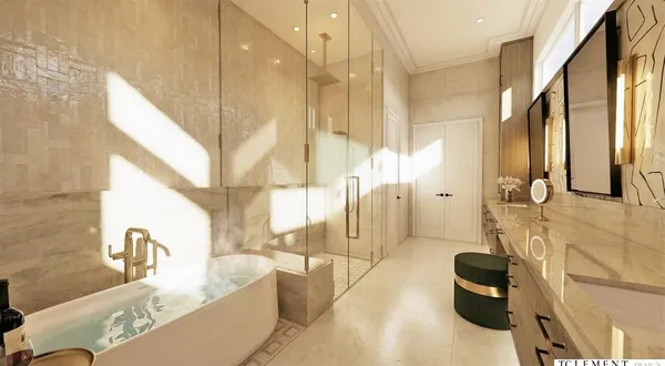 a bathroom with a tub sink and mirror