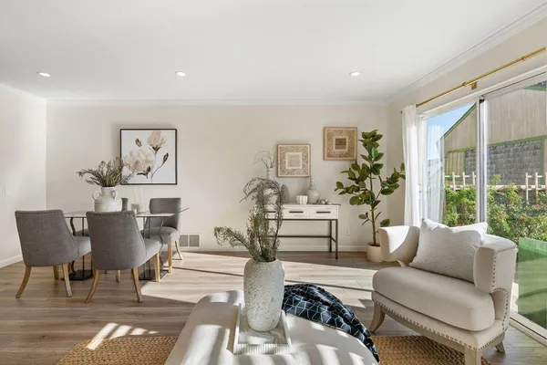 a living room with furniture and a potted plant