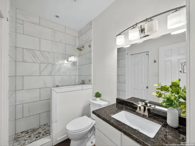 a bathroom with a granite countertop sink a toilet a mirror and shower