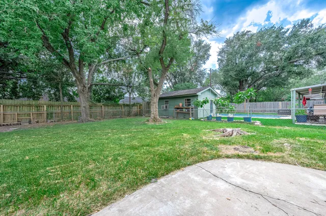 a backyard of a house with plants and large trees