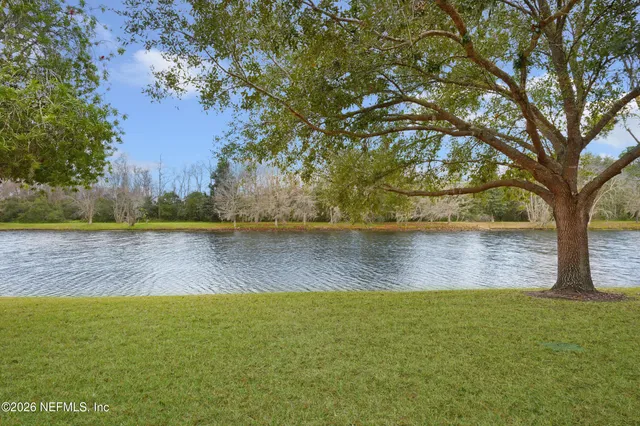 a view of a lake from a yard