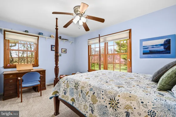 a bedroom with a bed couch and a window