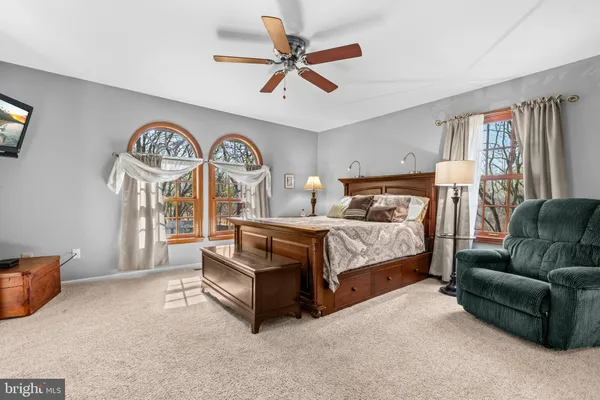 a bedroom with furniture and a ceiling fan