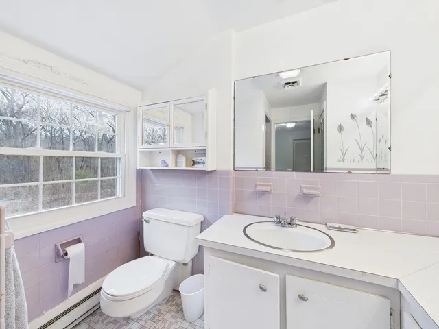 a bathroom with a sink toilet vanity and window