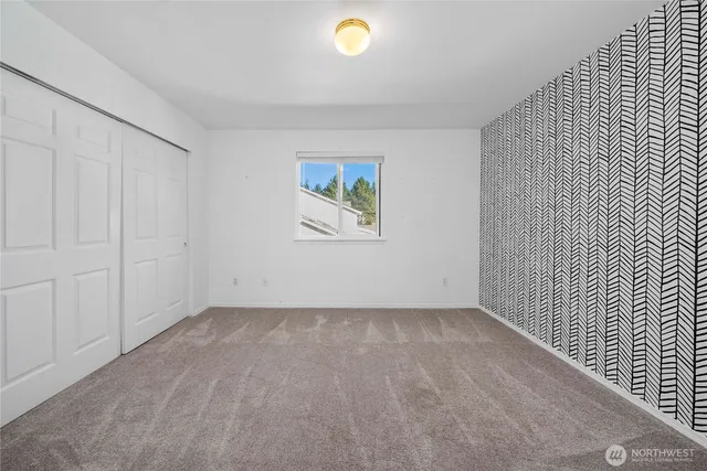 an empty room with windows and palm plant