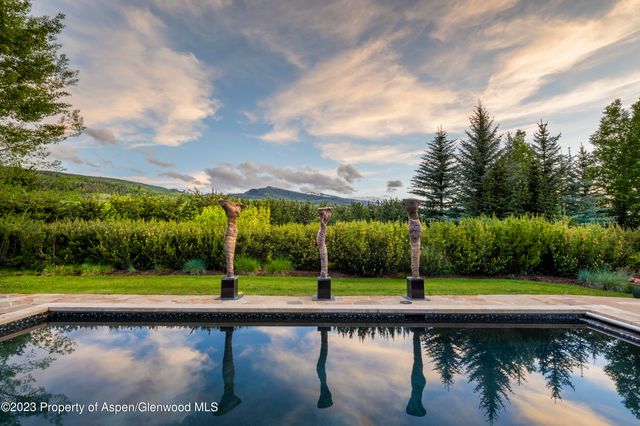 a view of a swimming pool and trees in the background