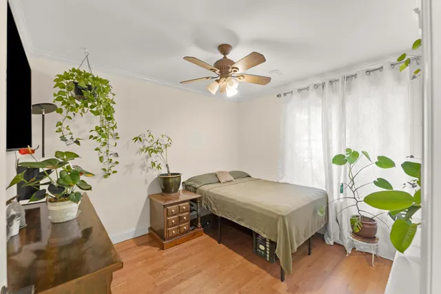 a bedroom with a bed potted plant and a window