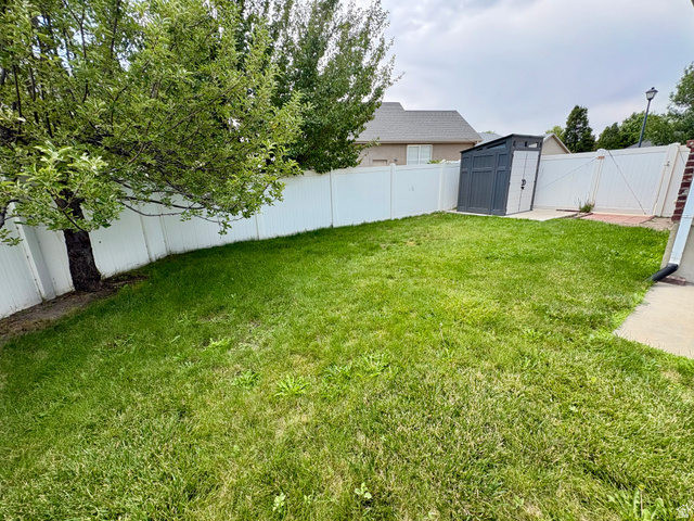 665 West State Road Lehi, UT 84043 - Photo 30 of 30 Expansive grassy yard enclosed by white privacy fencing, featuring a mature Apple tree and a two-tone storage shed