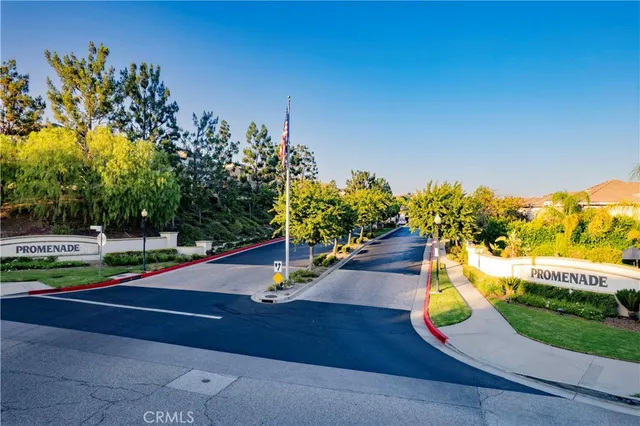 a view of a park with large trees