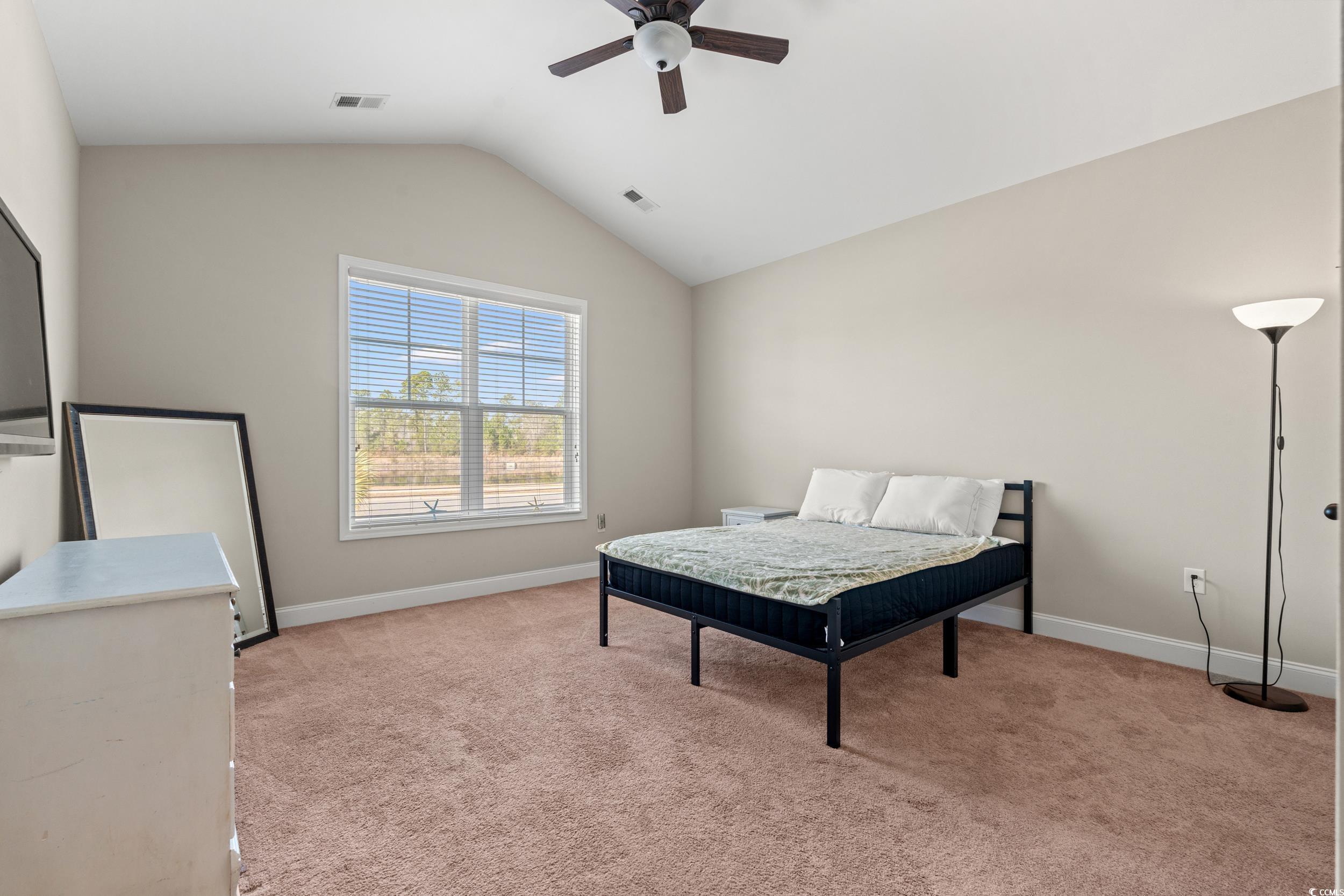 126 Viareggio Road Myrtle Beach, SC 29579 - Photo 18 of 40 Bedroom with light colored carpet, lofted ceiling, and a ceiling fan