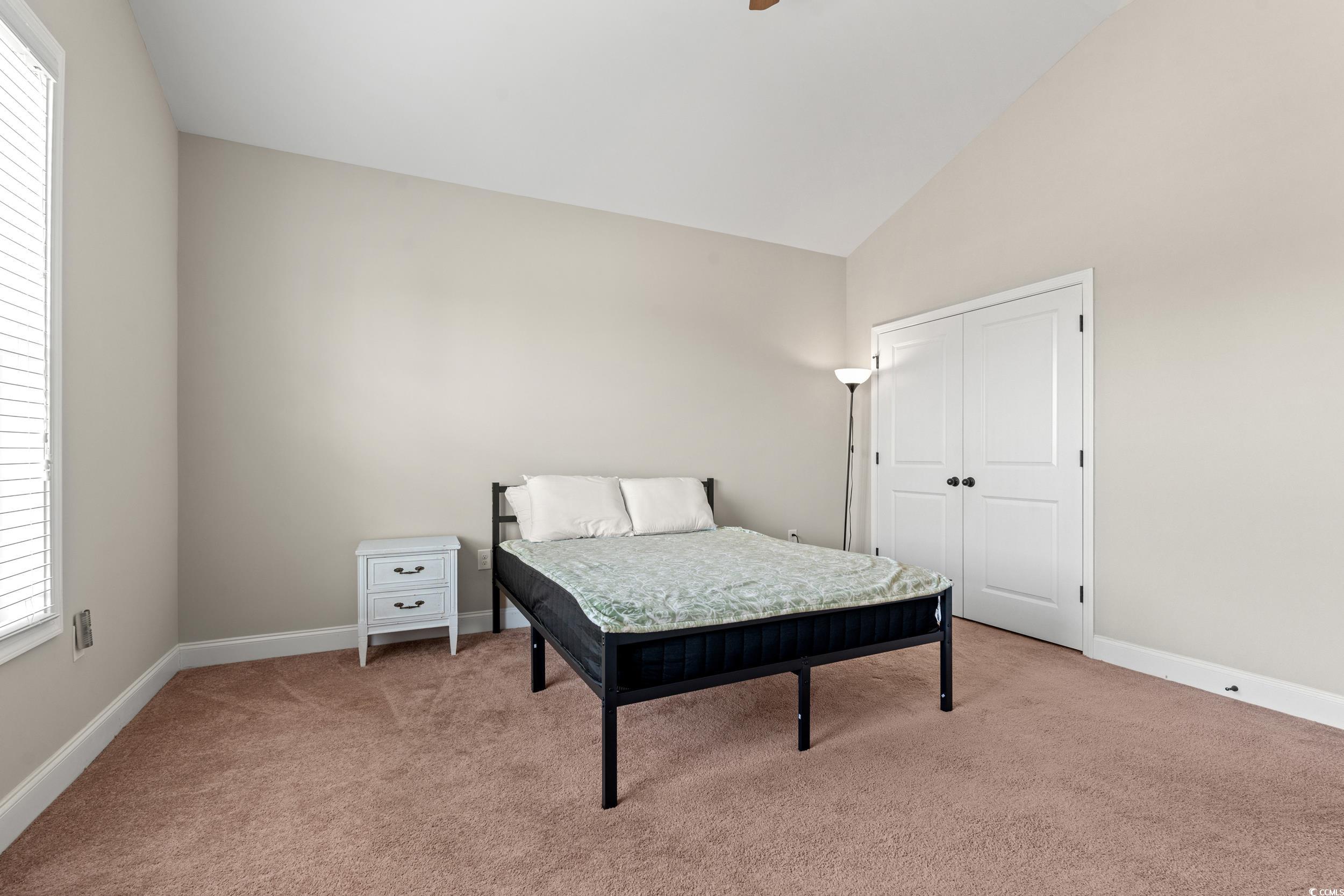 126 Viareggio Road Myrtle Beach, SC 29579 - Photo 20 of 40 Bedroom with light carpet, a closet, high vaulted ceiling, a ceiling fan, and multiple windows