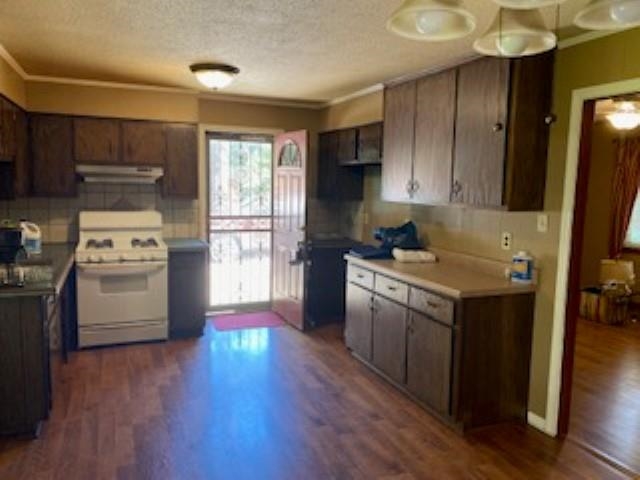 167 Frog Jump Road Brighton, TN 38011 - Photo 5 of 18 Kitchen with white range with gas cooktop, dark wood-type flooring, crown molding, and decorative backsplash
