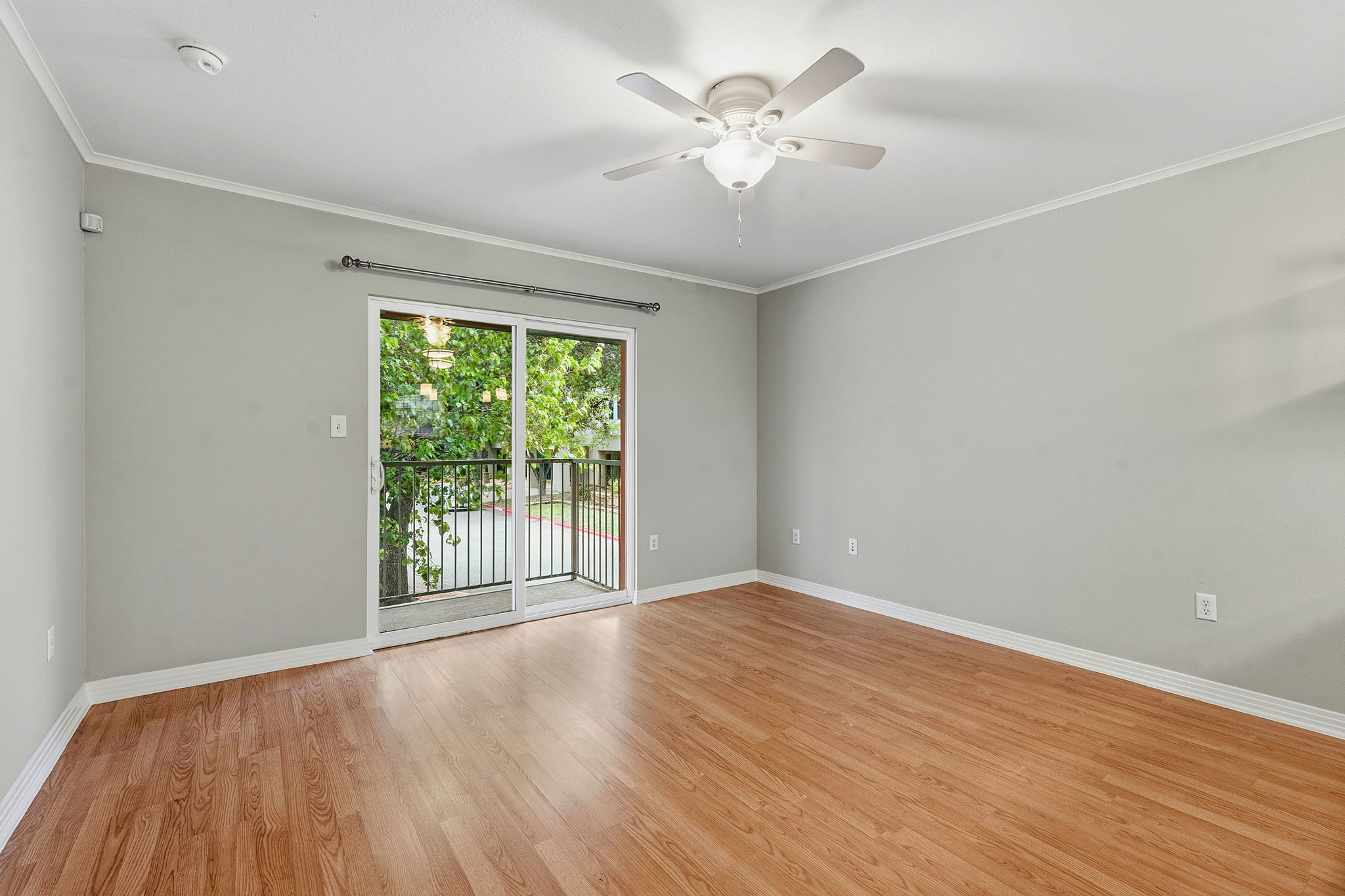 1422 Collier Street, Unit 203 Austin, TX 78704 - Photo 9 of 21 This spacious room features light wood flooring, a ceiling fan, and a sliding glass door leading to a balcony with a black metal railing