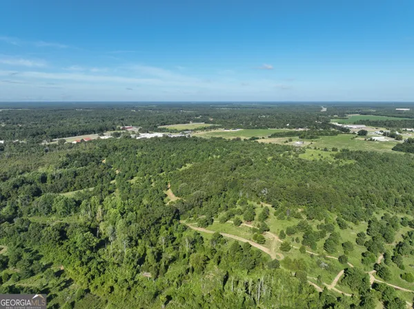 an aerial view of residential houses with outdoor space and trees