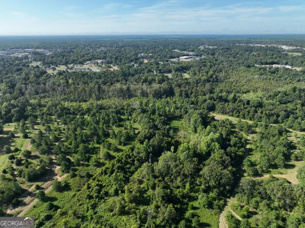 an aerial view of residential houses with outdoor space and trees