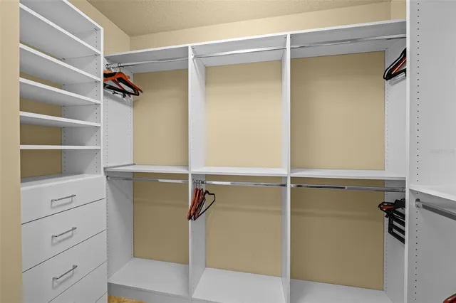 a view of walk in closet with empty racks