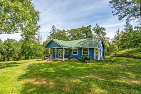 a front view of house with yard and green space