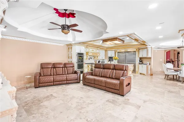 a view of a hallway with wooden shelves