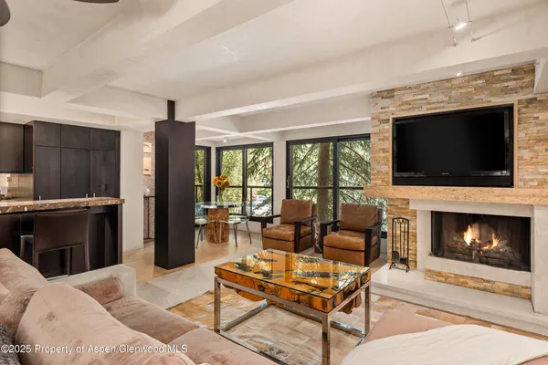 a living room with furniture a flat screen tv and a fireplace