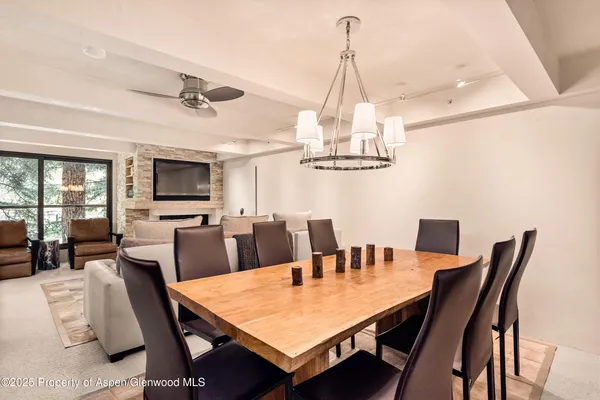 a view of a dining room with furniture