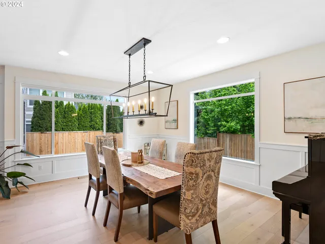 a view of a dining room with furniture window and outside view