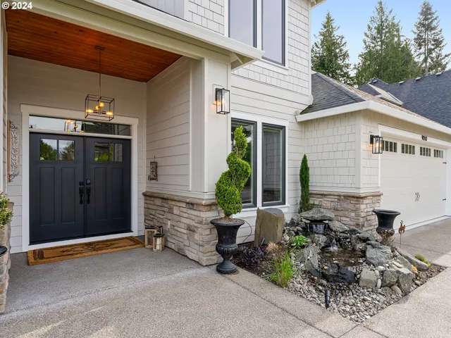 a front view of a house with patio