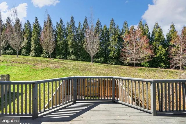 a view of a wooden roof deck with trees in the background