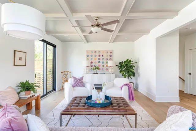 a living room with furniture and a potted plant