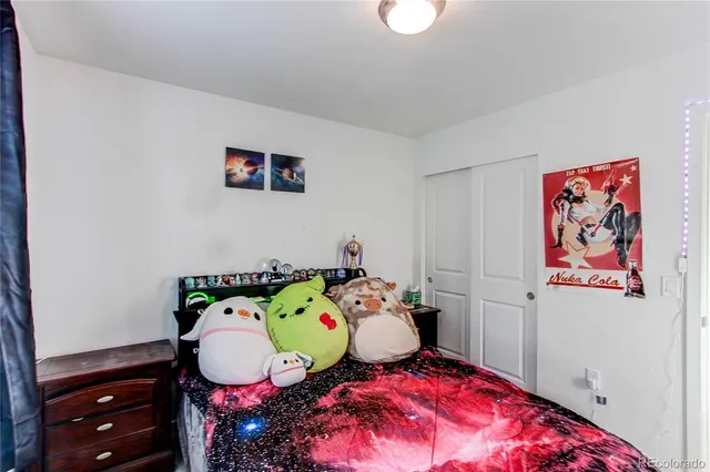 a bed room with a bed and a closet