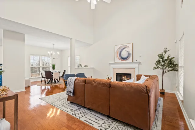 a living room with furniture a fireplace and a potted plant