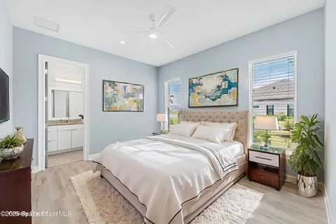 a spacious bedroom with a large bed a potted plant and a window
