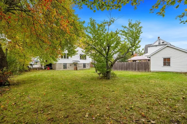 a backyard of a house with plants and large tree