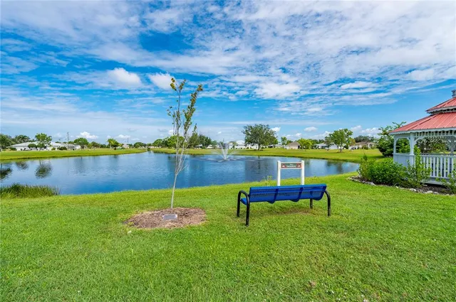 a view of a garden with sitting area