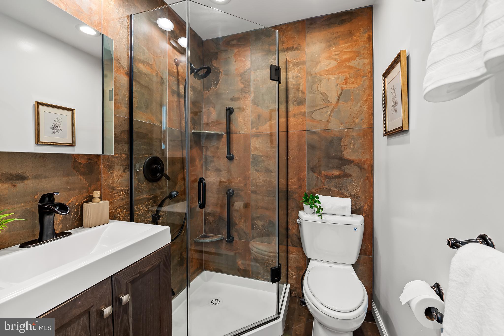1015 Rectory Lane Baltimore, MD 21211 - Photo 11 of 28 a bathroom with a toilet sink vanity shower and mirror