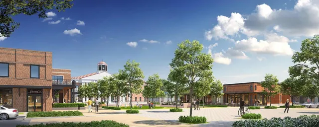 a view of a building and a street