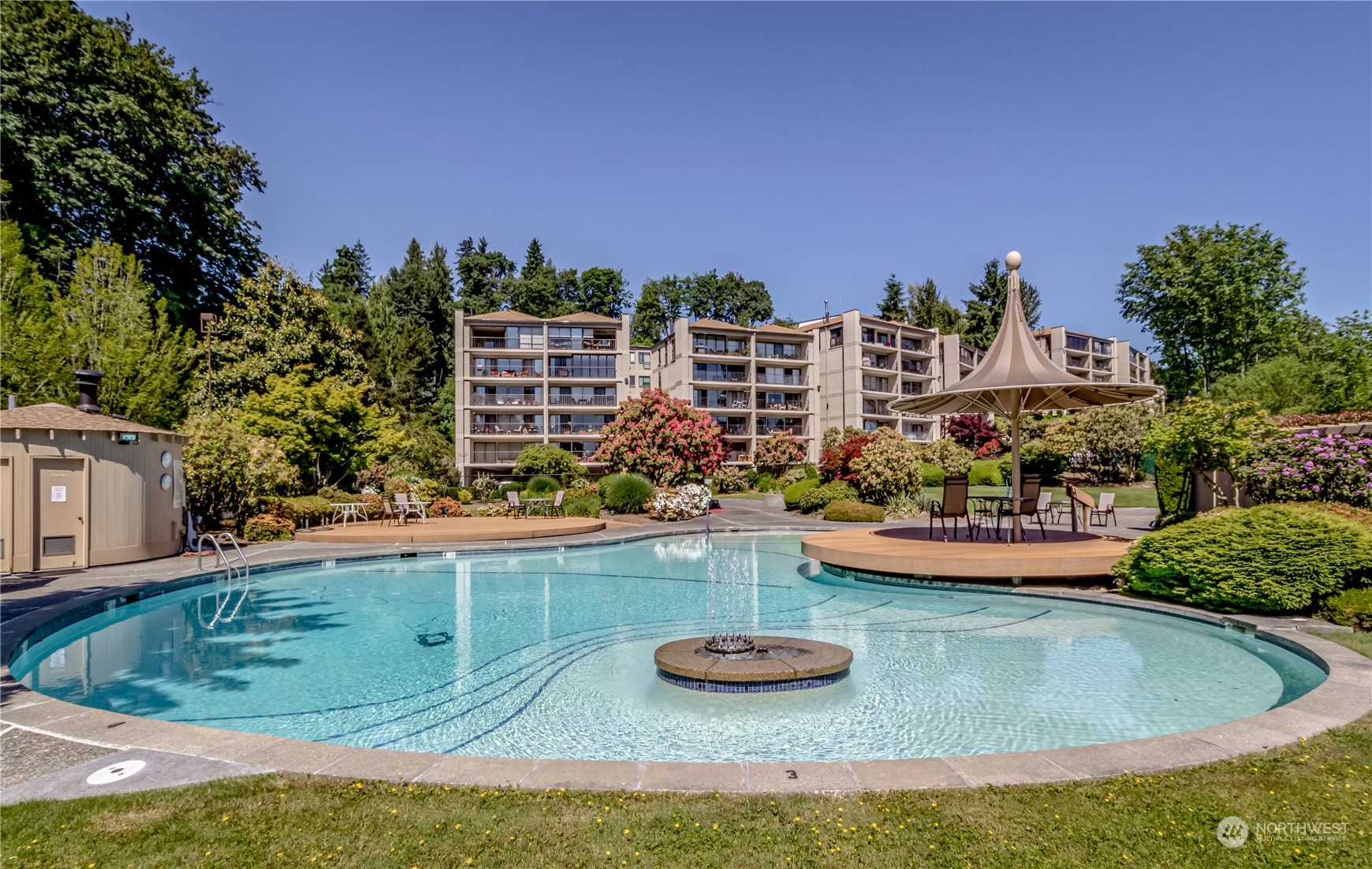 8001 Sand Point Way Northeast, Unit C22 Seattle, WA 98115 - Photo 6 of 27 a view of a swimming pool with a bench and some trees