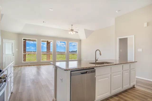 a view of a kitchen with a sink and dishwasher with wooden floor