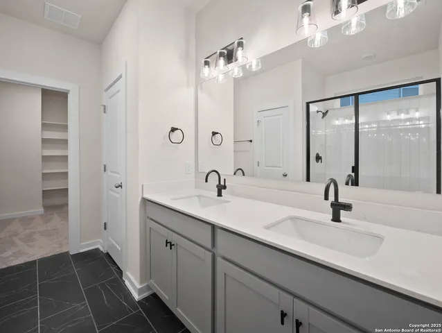 a bathroom with a double vanity sink a mirror and a shower