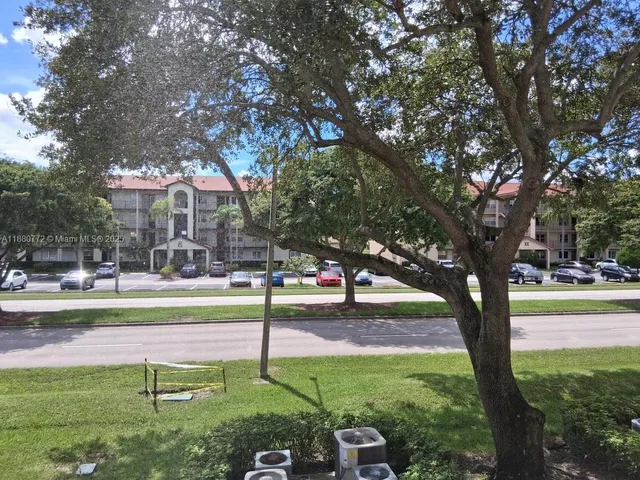 a view of a park with large trees