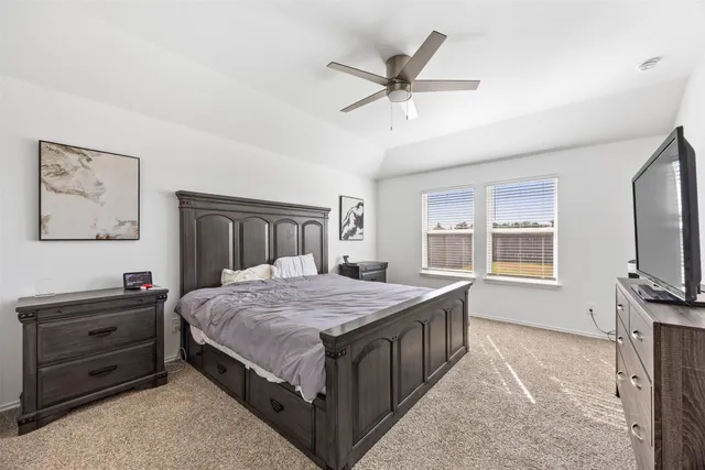 a bedroom with a bed a dresser and a flat screen tv
