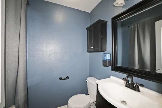 a bathroom with a sink toilet and mirror