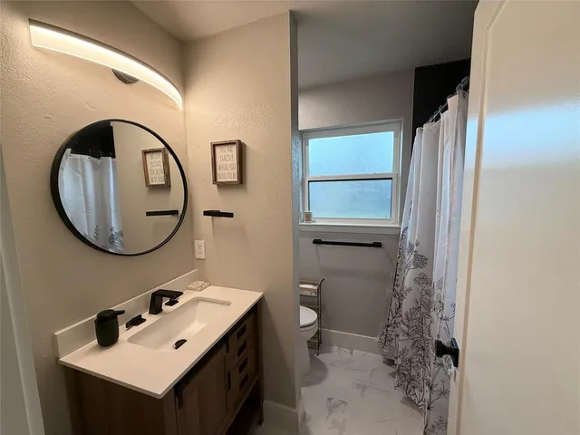 a bathroom with a sink a toilet and a mirror