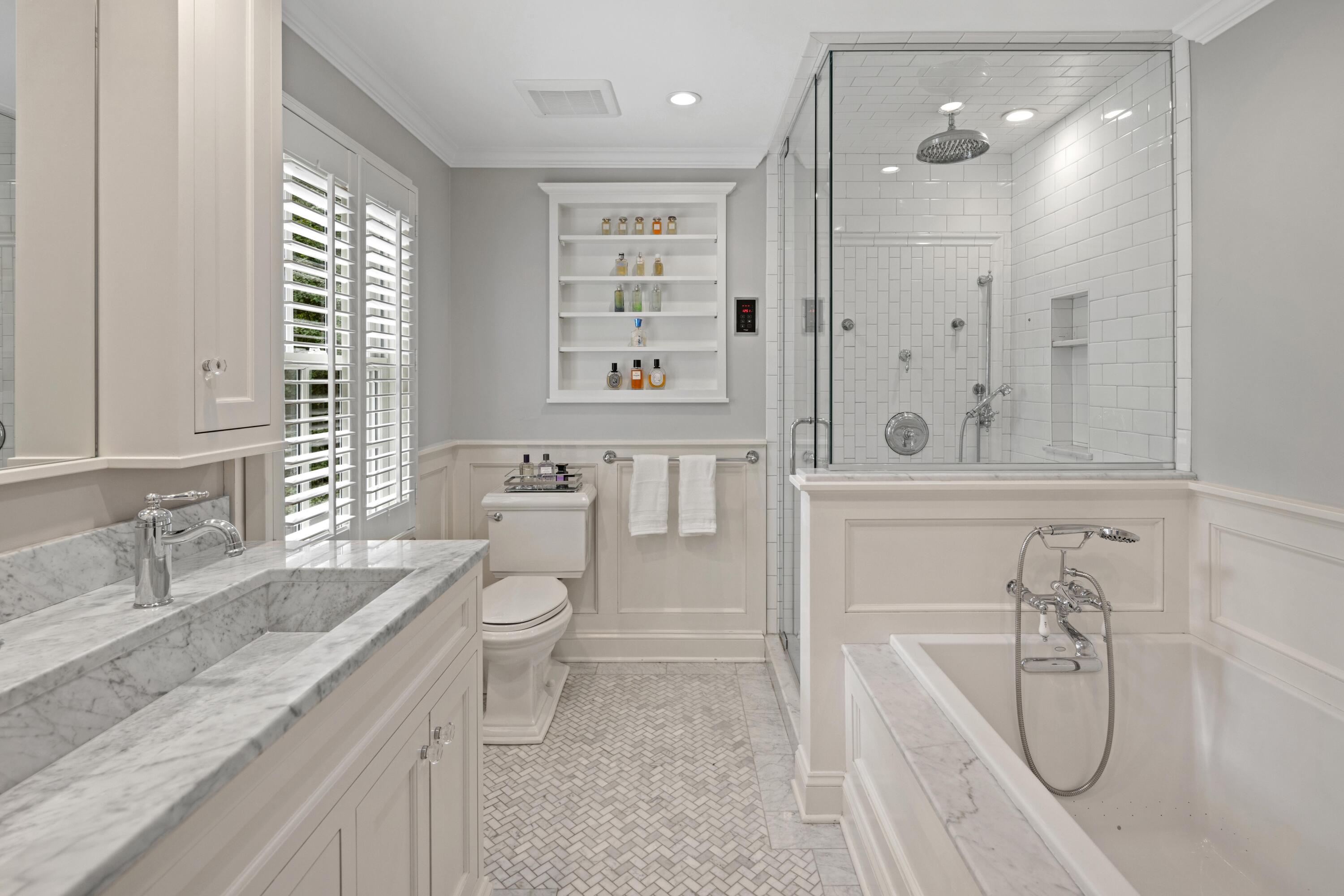 20 Maywood Road Darien, CT 06820 - Photo 16 of 27 a bathroom with a granite countertop sink a toilet and shower