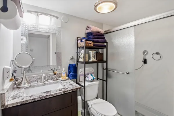 a view of a park with large trees